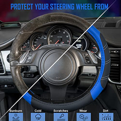 Line Rider Microfiber 14 Inch Leather Sporty Steering Wheel Cover Universal Fits for Truck (Black＆Blue / Small[13.5"-14"])
