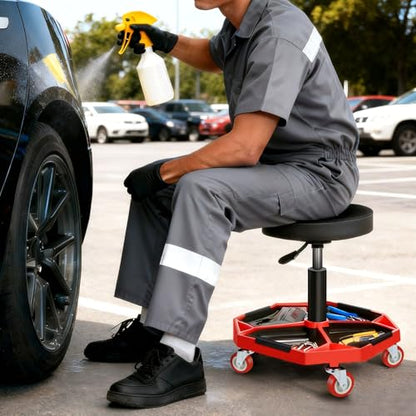 TOOLS 00253 Adjustable Height Pneumatic Garage Seat Rolling Mechanic Stool with Tool Tray Storage (Red)