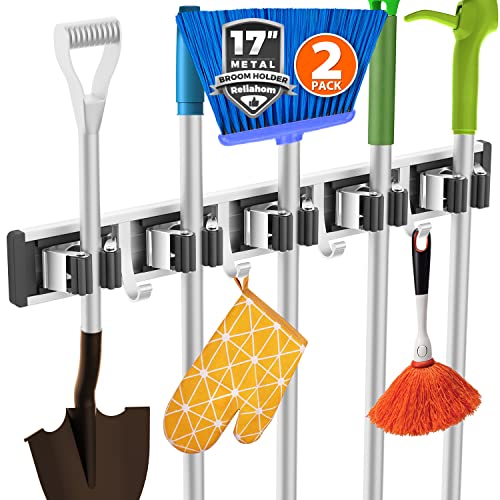 Broom Holder Wall Mount Mop Hanger Tools organizer 5Racks4Hooks (Black)