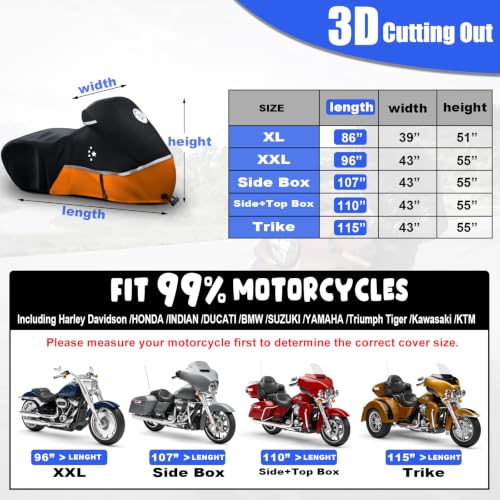 Motorcycle Cover 420D Heavy Duty Storage for Touring Models Harley Davidson Road King (Tangerine / 107" - Side Box)