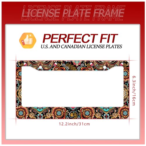 Mandala Flowers Boho License Plate Frame Stainless Steel 2Holes with Screws (Floral Print)