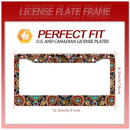 Mandala Flowers Boho License Plate Frame Stainless Steel 2Holes with Screws (Floral Print)