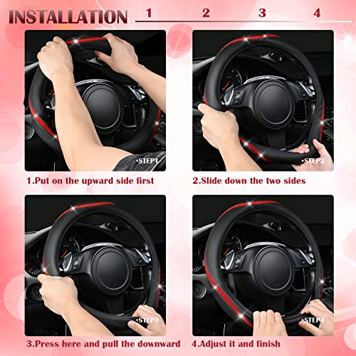 Bling Diamond Black Leather Steering Wheel Cover (Red Diamond 1PCS)