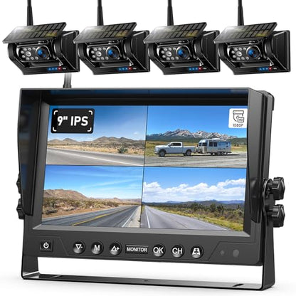 4 Magnetic Solar Wireless Backup Camera HD1080P 9" Loop Recording Monitor (9"-4 Cam)