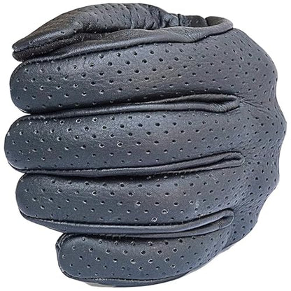 Leather Motorcycle Gloves for Men with reinforcements on Knuckles and Fingers 100% Perforated Calf Leather Riding Gloves with Magic Tape Wrist Closure (Small / Willington Moto Black)
