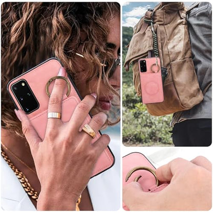 Compatible with Samsung Galaxy S20 Plus S20+ 5G Wallet Case Screen Protector Crossbody Shoulder Strap Ring Buckle Stand Card Holder Magnetic Car Mount Phone Cover for S20+5G S20plus Women Men Pink (Rose Gold / for S20 Plus)