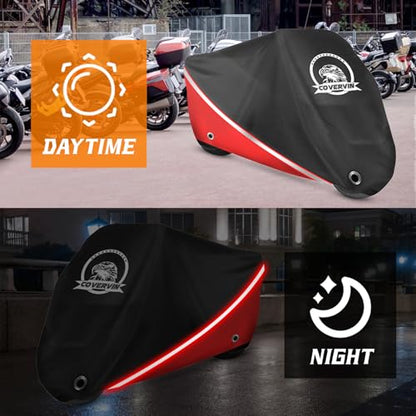 Motorcycle Cover Waterproof Outdoor Storage All Weather Protection (XXL-104 inch / Red)