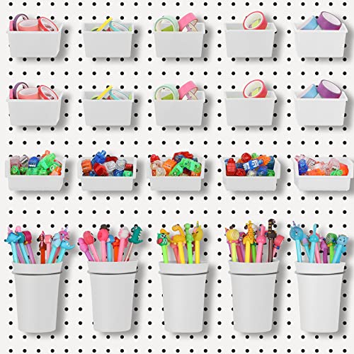20 Pcs Pegboard Bins and Cups with Hooks and Loops Peg Assortment Organizer Accessories Various Tool Organizer Pegboard Baskets Set for Garage Workshop Workbench Office (White)