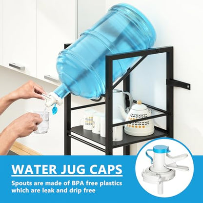 2-In-1 5 Gallon Water Jug Holder, 5 Tier Water Jug Stand Holder with 1 Dispenser Valves, 5 Gal Water Bottle Storage Rack Organizer for Kitchen, Office, Garage (11.02 inches x 11.02 inches x 55.51 inches)