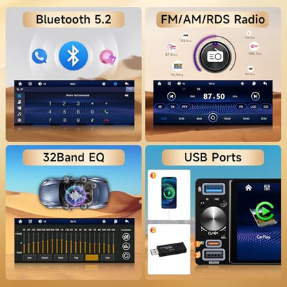Single Din Stereo Receiver 6.5'' Touchscreen Wireless CarPlay Android Auto