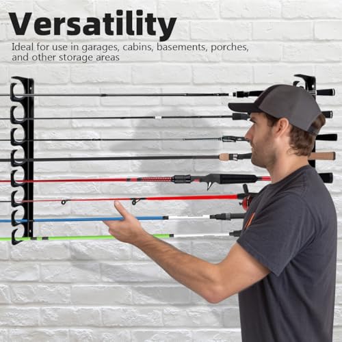 Wall Mounted Fishing Rod Rack Holder Ceiling Storage Hook Hanger Display Metal Horizontal Rack Oranizer Poles Steel Racks Holds up to 16 Rods with Soft Protective Pad for Garage Cabin and Basement (Store 16 Rod)