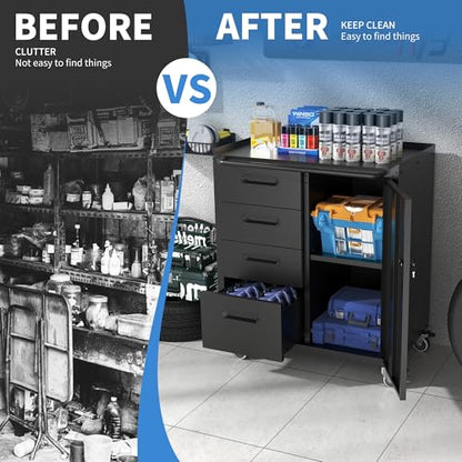 Metal Storage Cabinet for Garage (Black / M - 4 Drawers & 1 Door (Wheeled))