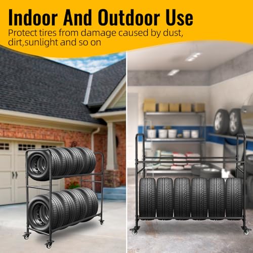 Tire Rack Adjustable Height Metal Rolling Storage Rack 60" x 59" x 21" for Garage