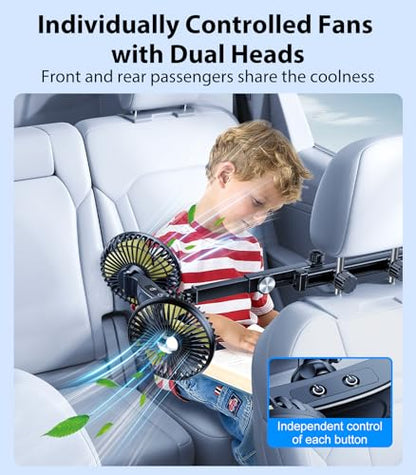 Long Arm Dual Head Car Cooling Fans for Back Seat for Kids (Battery Powered-Long Arm)