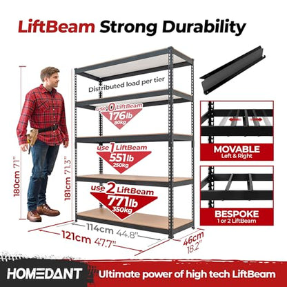 47.7" W 5 Tier Heavy Duty Garage Shelving Adjustable Metal Rack Storage Shelves Standing Shelf Unit Organizers Industrial Warehouse Basement Black 2Pack (Black / 47.7"W x 18.2"D)