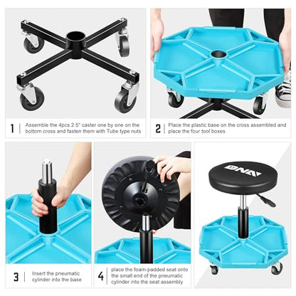 Adjustable Height Pneumatic Garage Seat Rolling Mechanic Stool with Tool Tray Storage (Blue)