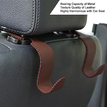 4 Pack Car Headrest Hooks Holds 55lbs Seat Storage Organizer for Bags (Leather Brown)