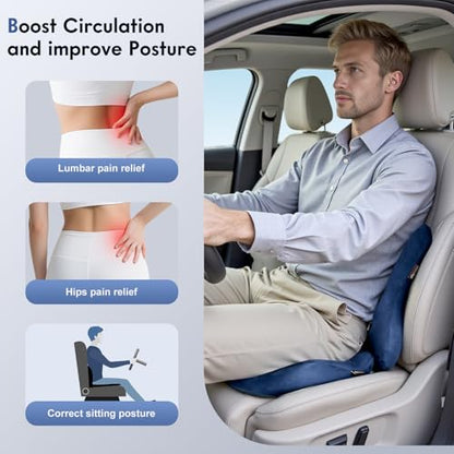 Memory Foam Car Seat Cushion and Lumbar Support Pillow for Car (Blue / 2 Pieces)