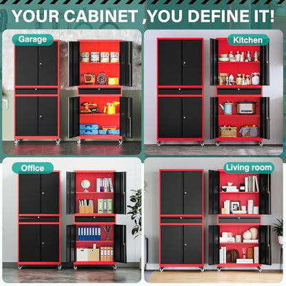 Metal Storage Cabinet with Wheels and Drawer (73"H x 31.5"W x 16"D / Red Black)