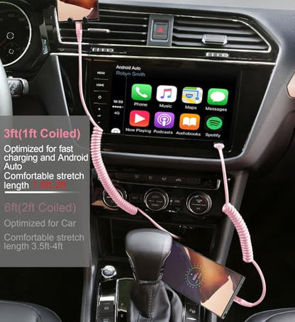 USB C Cable Fast Charging Cable [3FT+6FT] Coiled USBA to USBC Cable for Car (3FT+6FT / Pink)