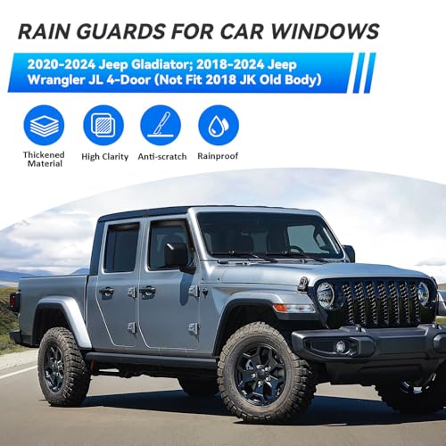 4pcs Window Visors Rain Guards for 2018 (2020-2024 Gladiator & 2018-2024 Wrangler JL)