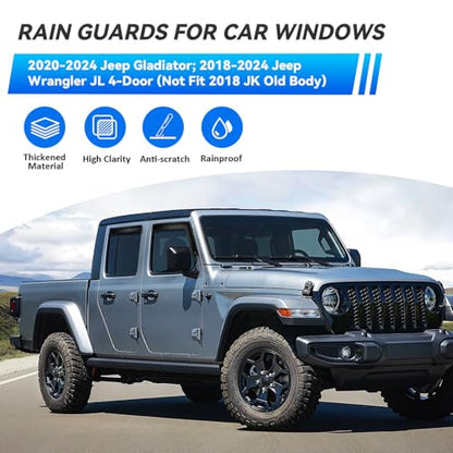 4pcs Window Visors Rain Guards for 2018 (2020-2024 Gladiator & 2018-2024 Wrangler JL)