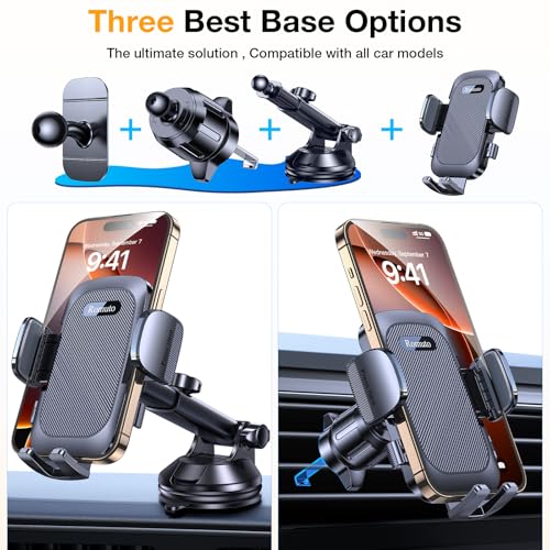 Phone Holders for Your Car Phone Holder Mount【Super Suction】 Cell Phone Holder for Car Accessories for Women Men【360°】 Suction Phone Mount for Car Dashboard Trim Cover for iPhone Samsung (Black)