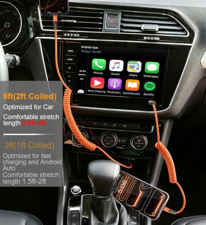 Coiled USB A to USB C Cable for Car [6FT (6FT / Orange)