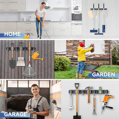 Wall Mount Broom Holder 3 Racks 4 Hooks Metal Tool Organizer Black (1Pack 3R4H / Black)