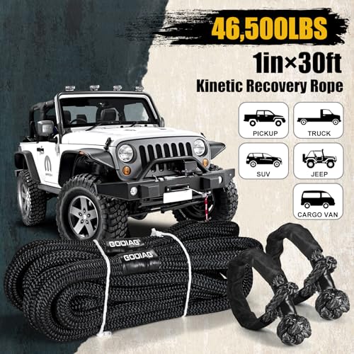 1" x30ft Kinetic Recovery Rope 46.5K lbs with 2 Soft Shackles Black (Black / 1"×30ft + 2 Soft Shackles)