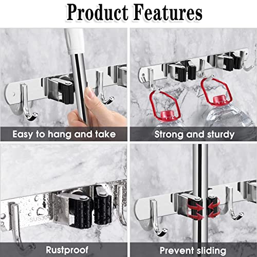 Broom Holder Wall Mount (2 Racks & 3 Hooks (Silver) - 1 Pack)