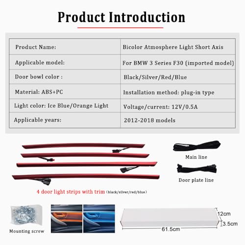 Car Interior Door LED Lighting Ambient Light Trim Strip Accessories with Blue and Orange Colors Atmosphere Lights for BMW 3 Series F30 12 (Black)