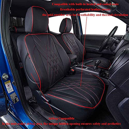 Custom Fit Tacoma Front Car Seat Covers for Toyota Tacoma 2016 2017 2018 2019 2020 2021 2022 2023 Double Cab (Leather (Black with Red Trim) / 2016-2023 Double&Access Cab-Only 1st Row)
