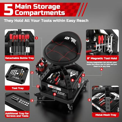 Rolling Shop Stool for Garage with Casters (Black With Magnetic Tool Hold)