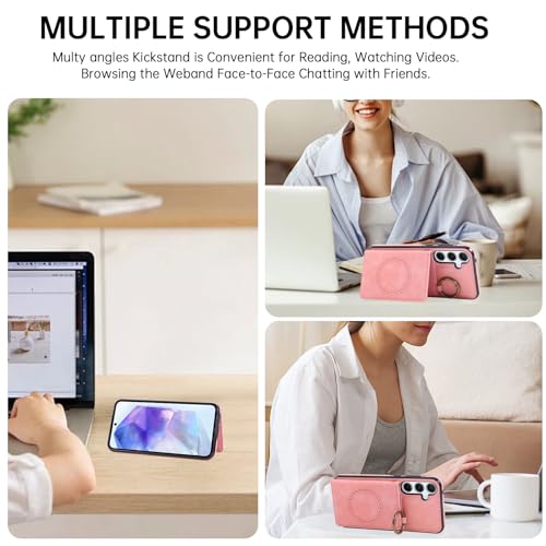 Compatible with Samsung Galaxy S23 FE 5G Wallet Case and Screen Protector Crossbody Shoulder Strap Ring Buckle Stand Card Holder Magnetic Car Mount Phone Cover for S 23 EF S23FE 23S Women Men Pink (Rose Gold / for S23 FE)