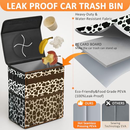 Car Trash Can with Lid Leak Proof Car Accessories for Women (2.2 Gallons / Cow Print)