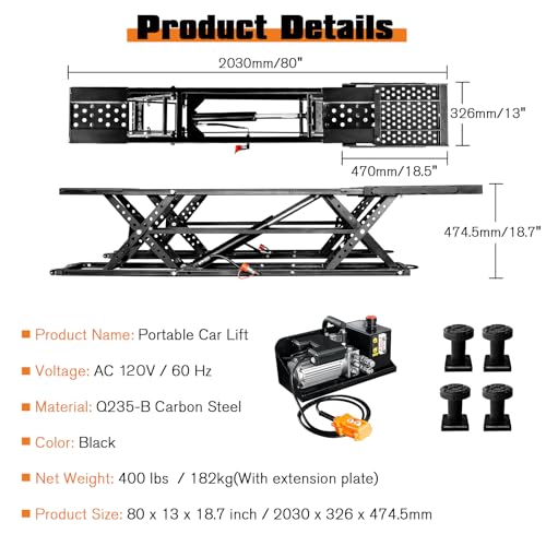 7000 LBS Portable Car Lift with Extension Plates for Garage Use (Black)