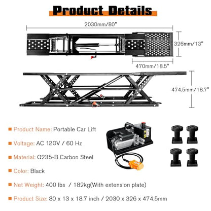 7000 LBS Portable Car Lift with Extension Plates for Garage Use (Black)