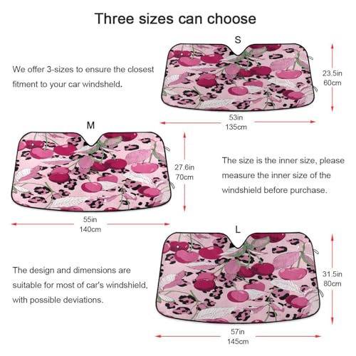 Car Windshield Sun Shade Cheetah Leopard Print Pink Cherry Foldable Car Front Windshield Sunshade Blocks UV Rays Sun Visor Heat Protection for Truck SUV to Keep Your Vehicle Cool (Large / Pink Cherry Leopard)