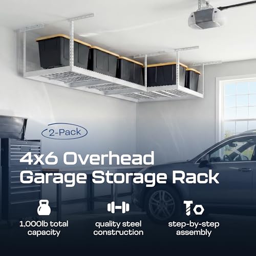 MonsterRax 2 Pack 4x6 Overhead Garage Storage Rack (White / 12"-21" Combo)