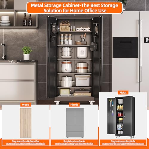 71" Metal Garage Storage Cabinet with Wheels (Black / 16"D x 32"W x 71"H)