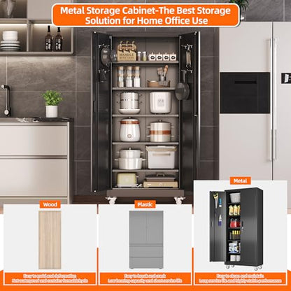 71" Metal Garage Storage Cabinet with Wheels (Black / 16"D x 32"W x 71"H)