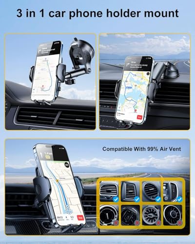 Blue 3-in-1 Phone Mount for Car [2025 Most Stable and Flexible Suction Cup] Vent Dashboard Windshield Cell Phone Holder Car Fit for iPhone, Samsung, All Phone (Blue)