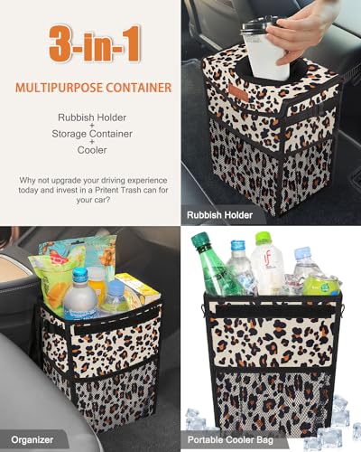 Car Trash Can with Lid Leakproof Car Garbage Bag Vehicle Trash Bin (2 Gallons / Leopard)