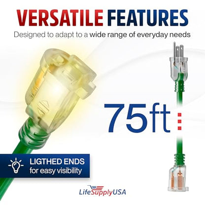 75ft Outdoor Indoor Extension Cord 12 (75 FT / 12AWG / Green)