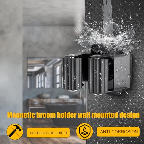 Upgraded Magnetic Broom and Mop Holder Wall Mount (2 Pcs / Black-8 Magnets)