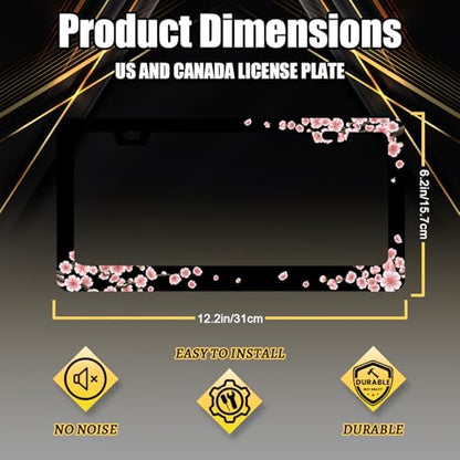 Stainless Steel Beautiful Cherry Blossom License Plate Frame 12.2 x 6.2Inch (Pretty Cherry Blossom)