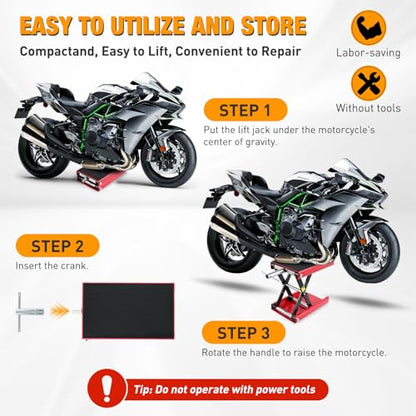 Motorcycle Lift Jack 1100 LBS Scissor Jack Stand Lift from 3.4" to 14.2" with Wide Deck Crank Handle Steel Scissor Hoist Garage Repair Lifter Table Jacks for Motorcycles ATV Dirt Bike (Red)