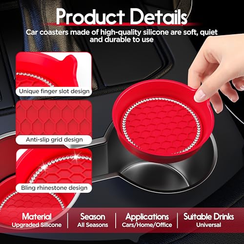 4 Pack Car Cup Holder Coaster Bling Crystal Rhinestone Car Interior (Red / 4 Pack)