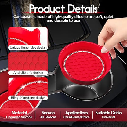 4 Pack Car Cup Holder Coaster Bling Crystal Rhinestone Car Interior (Red / 4 Pack)